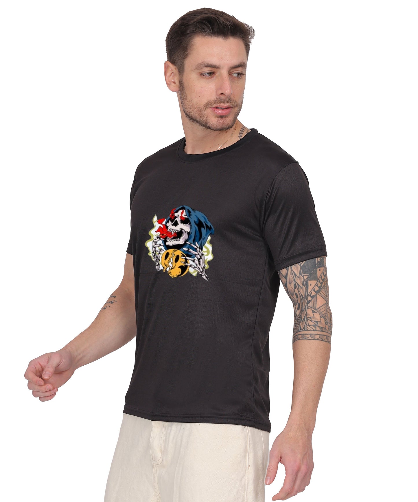 Skull Design Graphic T-Shirt, Black Cotton, Round Neck, Short Sleeve, Casual Wear