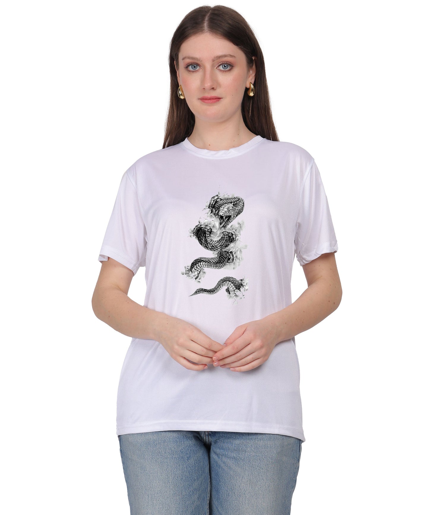 Cotton T-Shirt with Snake Design Graphic Print, Round Neck, Short Sleeve, Casual Wear