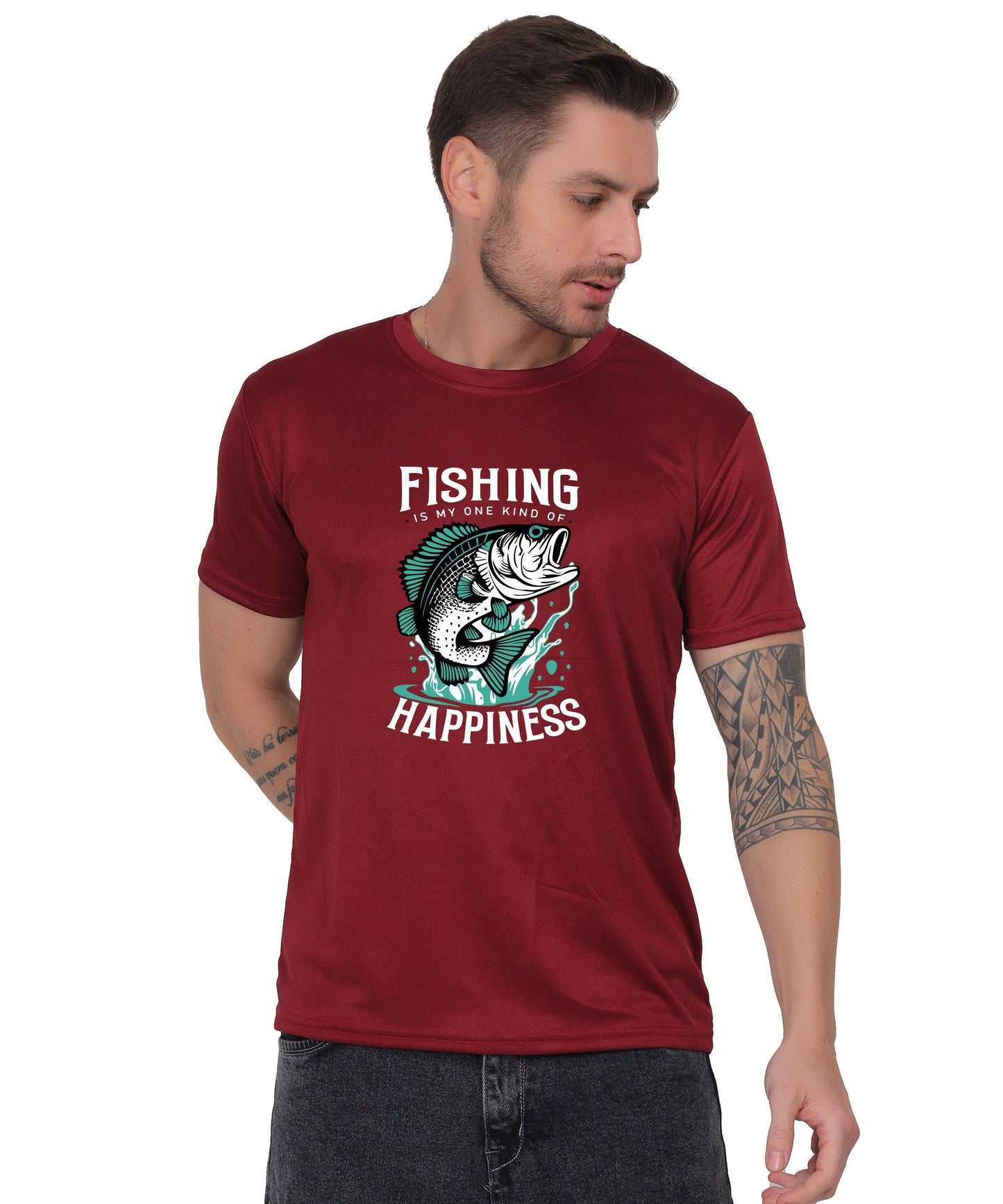 Generic Fishing Happiness Graphic T-Shirt, Black Cotton, Short Sleeve, Regular Fit, Crew Neck